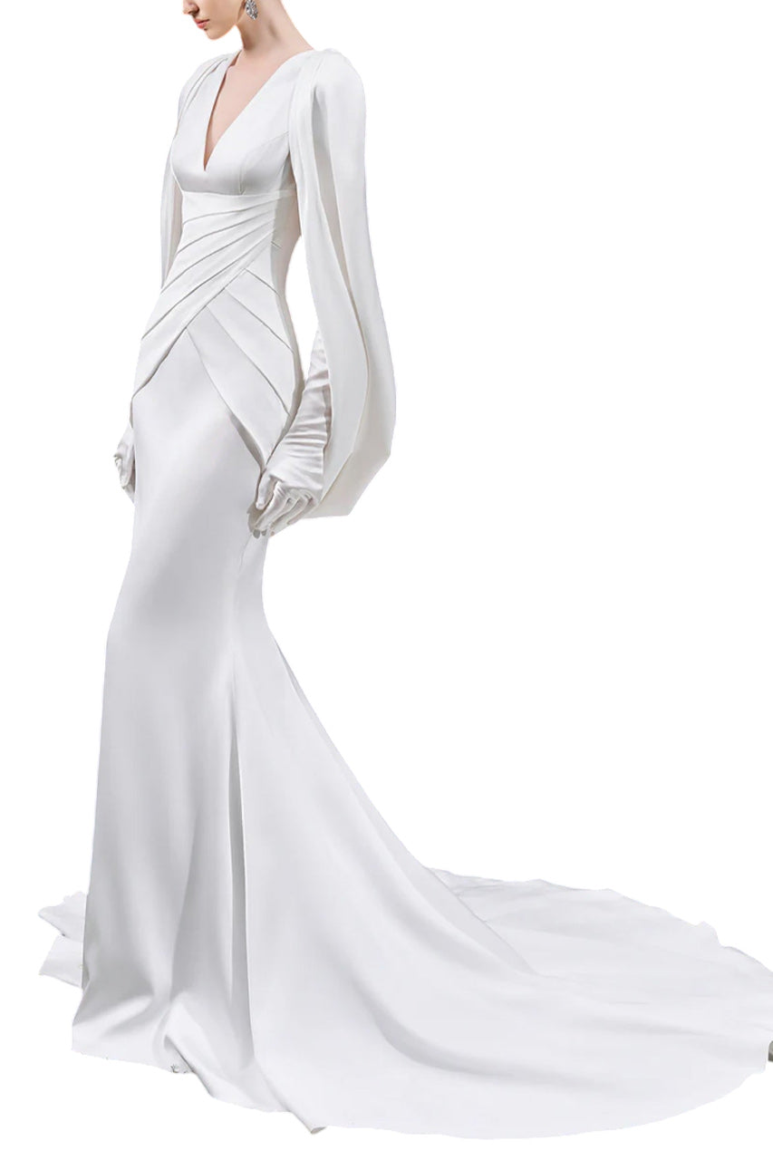 V-NECKLINE PLEATED MULLET SILK GOWN