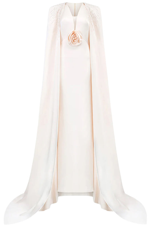 V-NECKLINE SLEEVELESS GOWN WITH LONG CAPE
