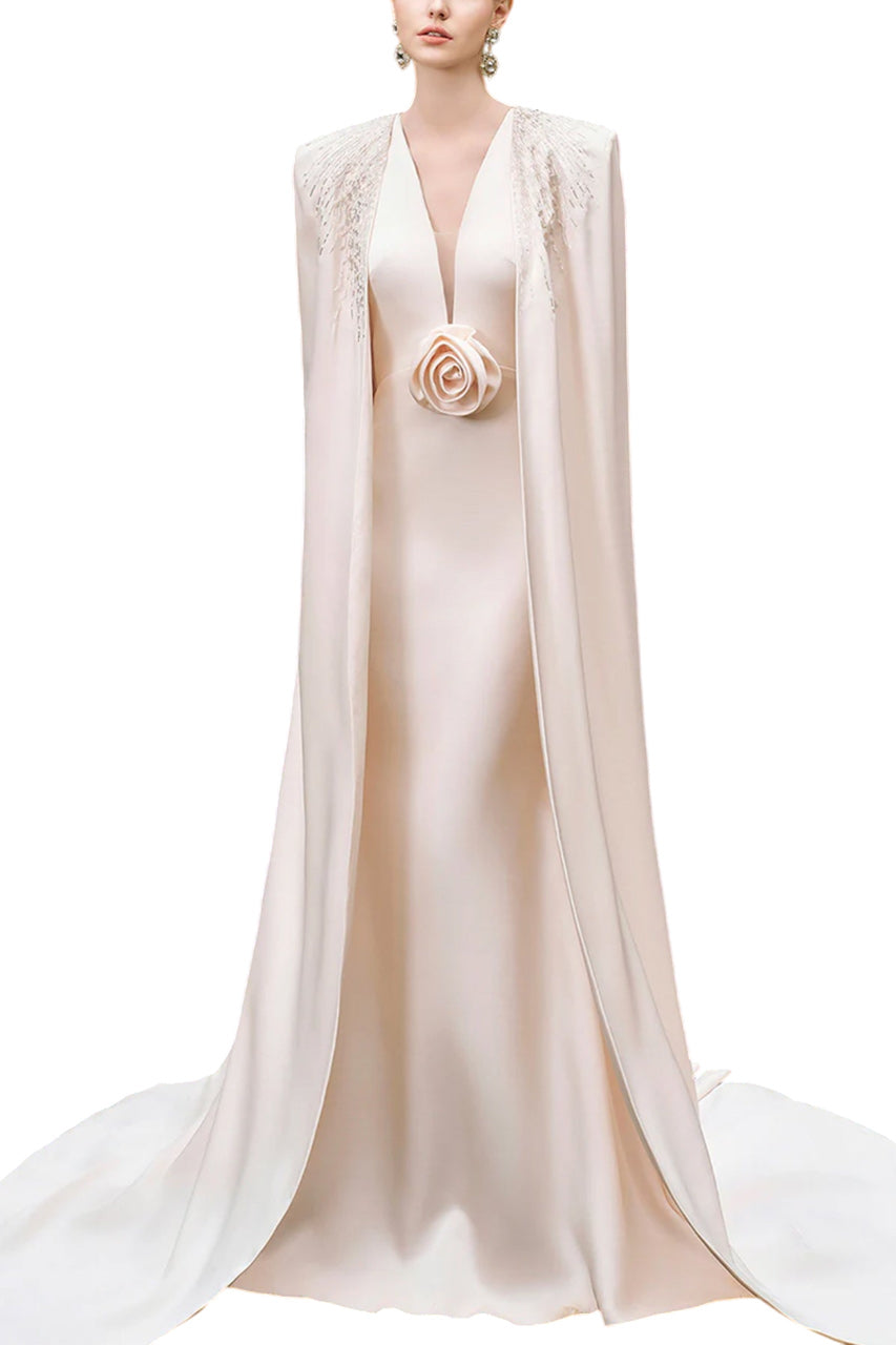 V-NECKLINE SLEEVELESS GOWN WITH LONG CAPE