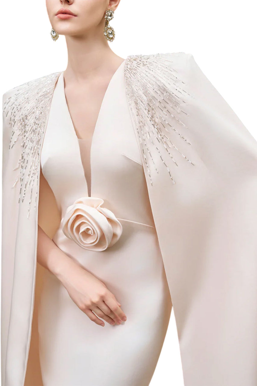 V-NECKLINE SLEEVELESS GOWN WITH LONG CAPE
