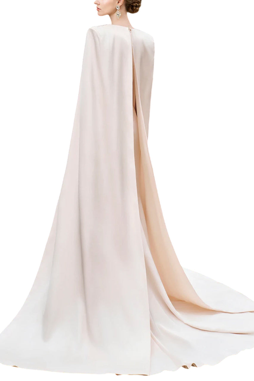 V-NECKLINE SLEEVELESS GOWN WITH LONG CAPE