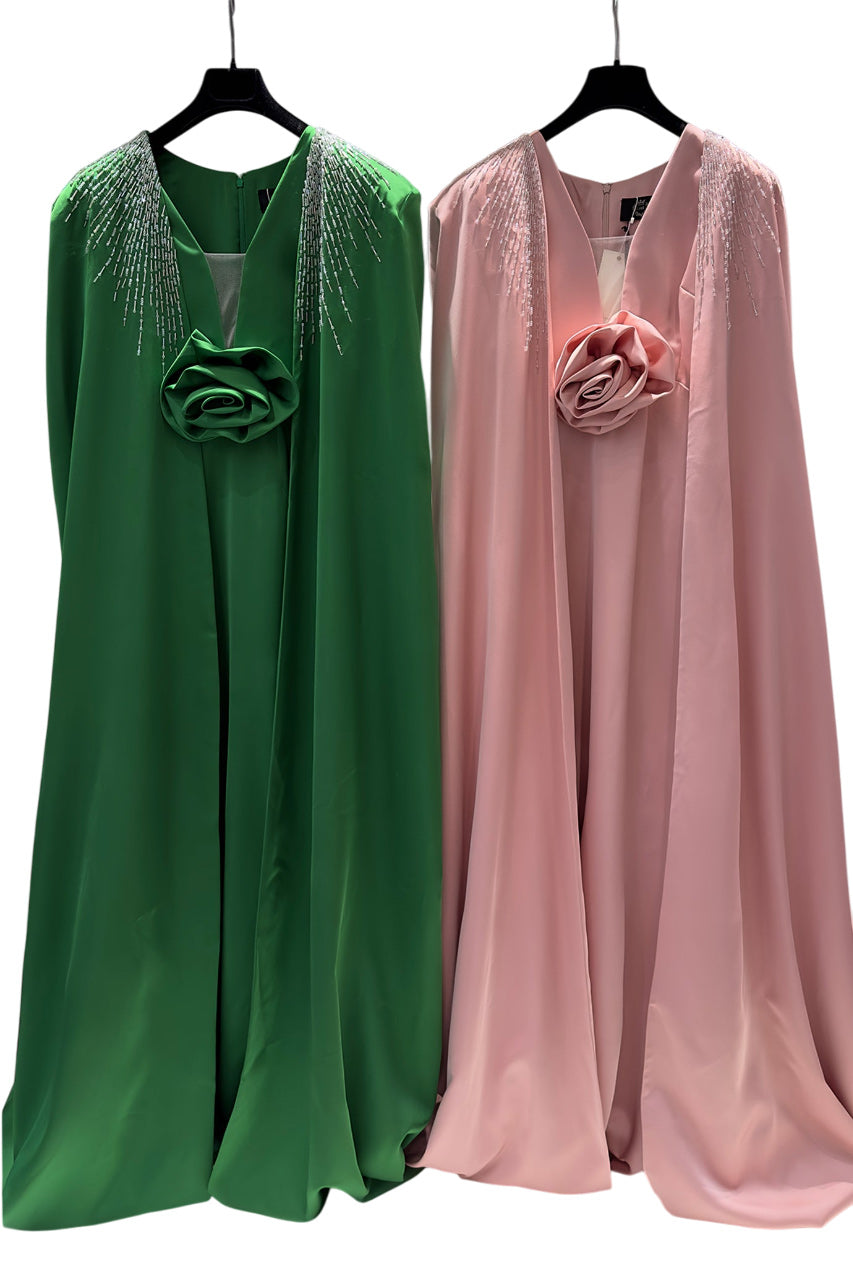 V-NECKLINE SLEEVELESS GOWN WITH LONG CAPE
