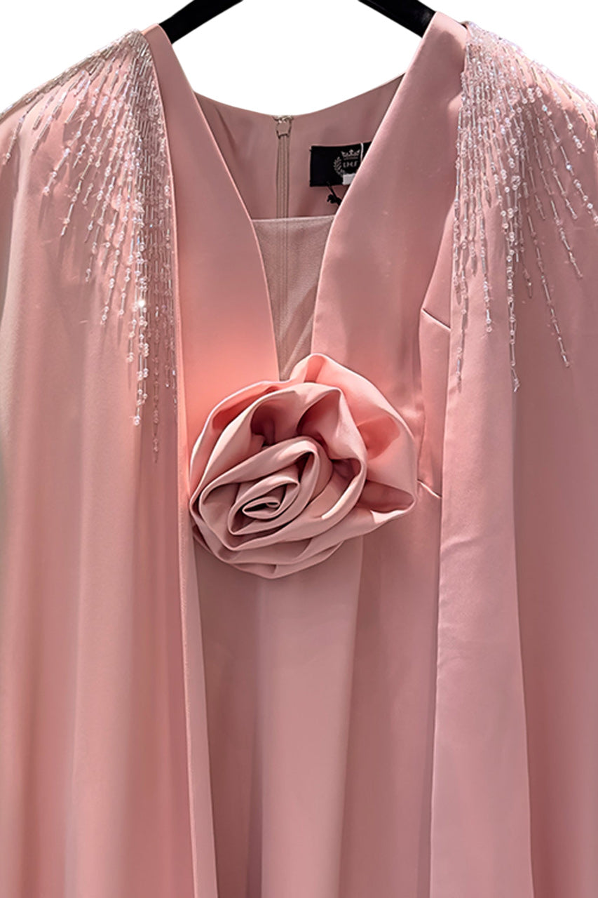V-NECKLINE SLEEVELESS GOWN WITH LONG CAPE