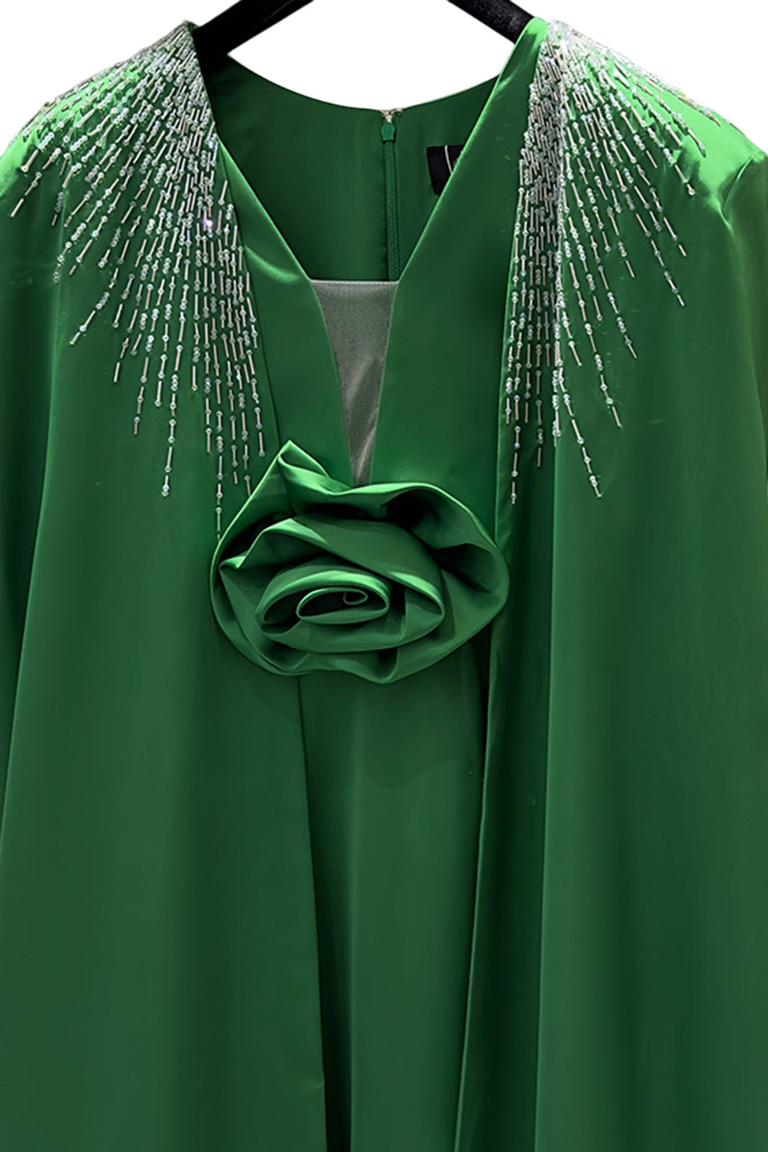 V-NECKLINE SLEEVELESS GOWN WITH LONG CAPE