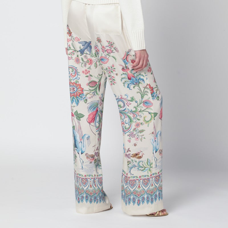 White wide-leg trousers with floral print