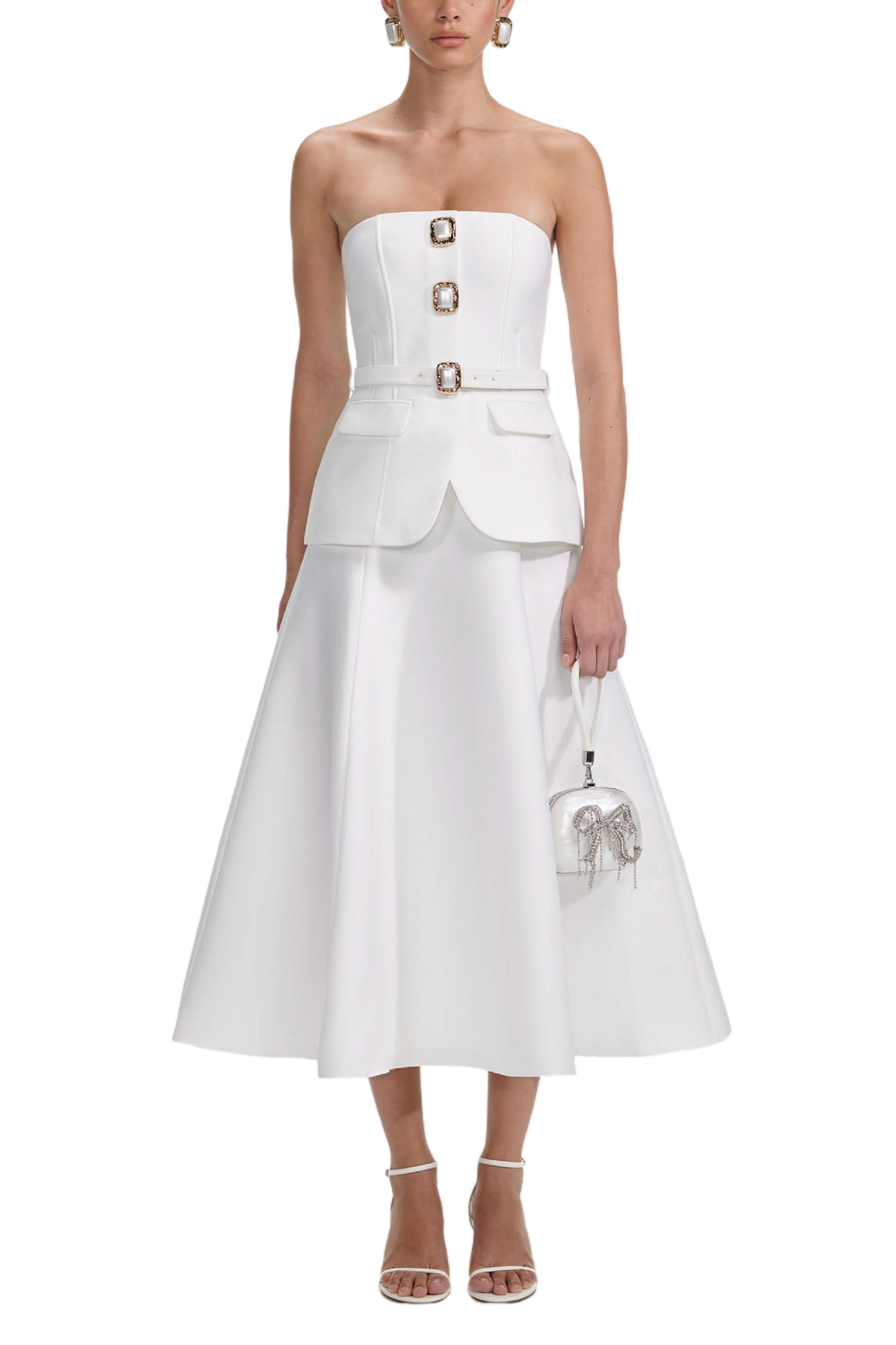 WHITE TAFFETA BANDEAU MIDI DRESS