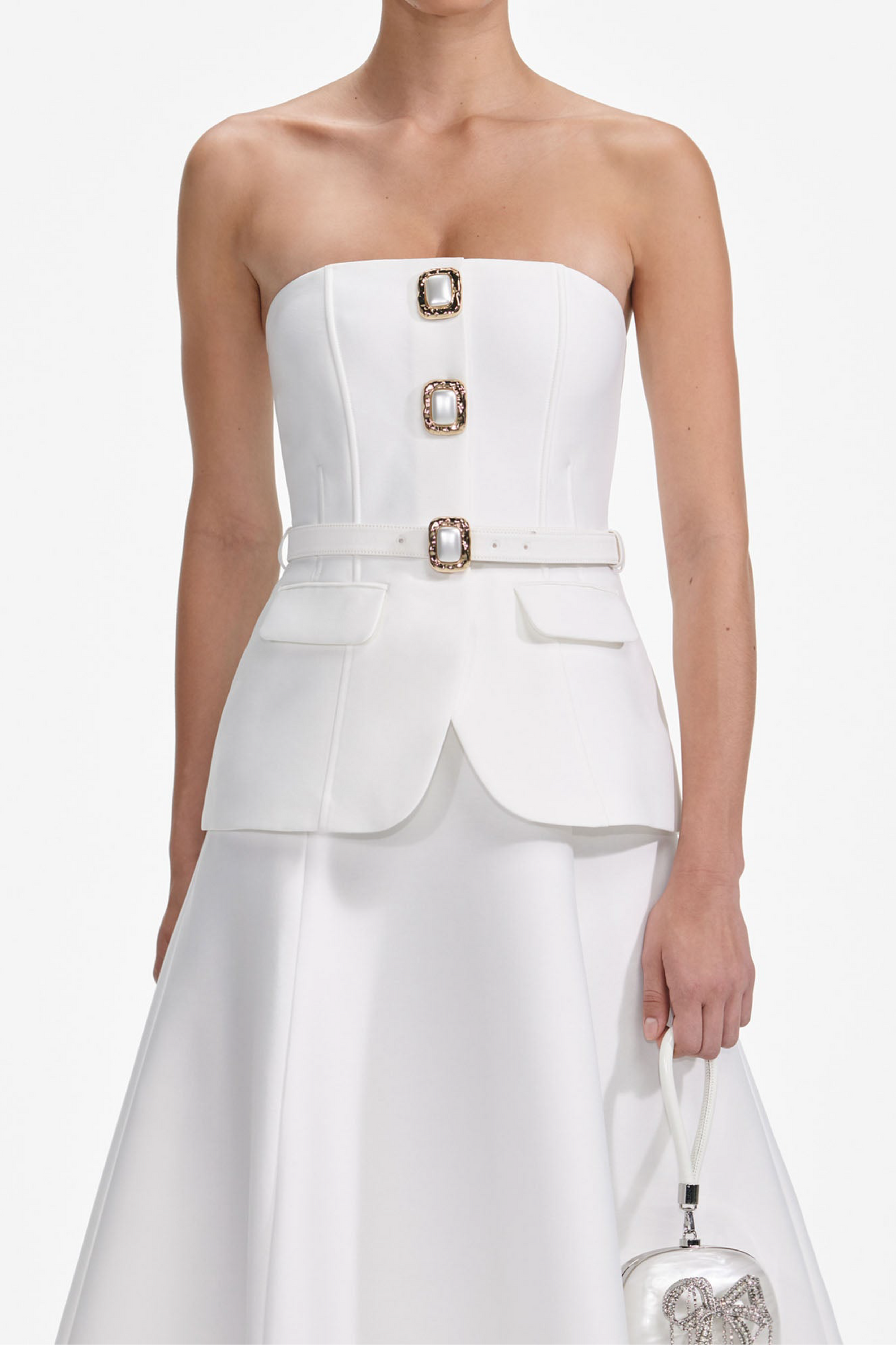 WHITE TAFFETA BANDEAU MIDI DRESS