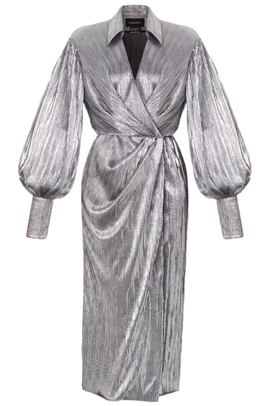 WRAPPED & DRAPED PLEATED JERSEY MIDI DRESS