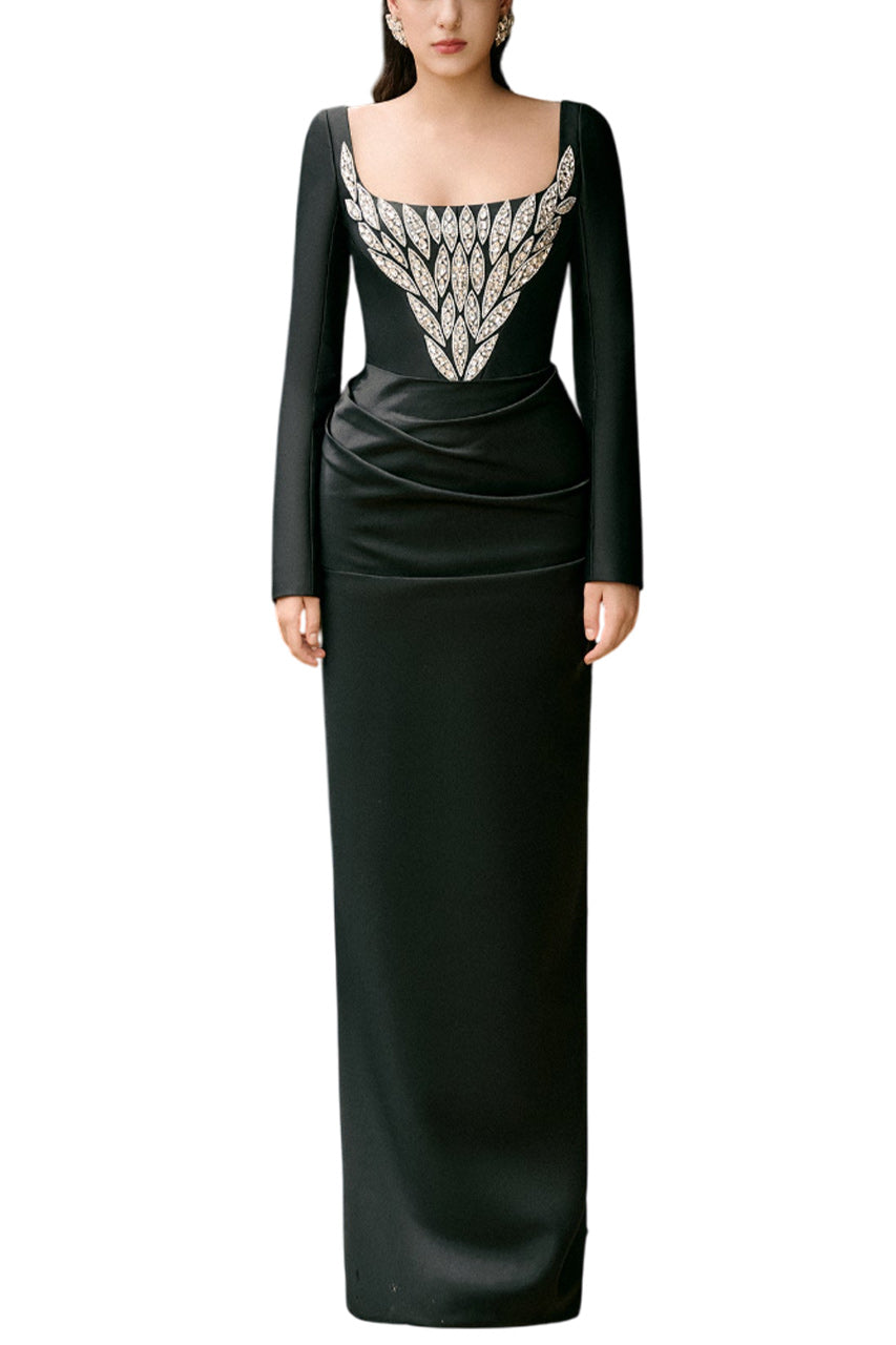 WREN SHEATH SQUARE NECK DUCHESS SATIN FLOOR LENGTH DRESS