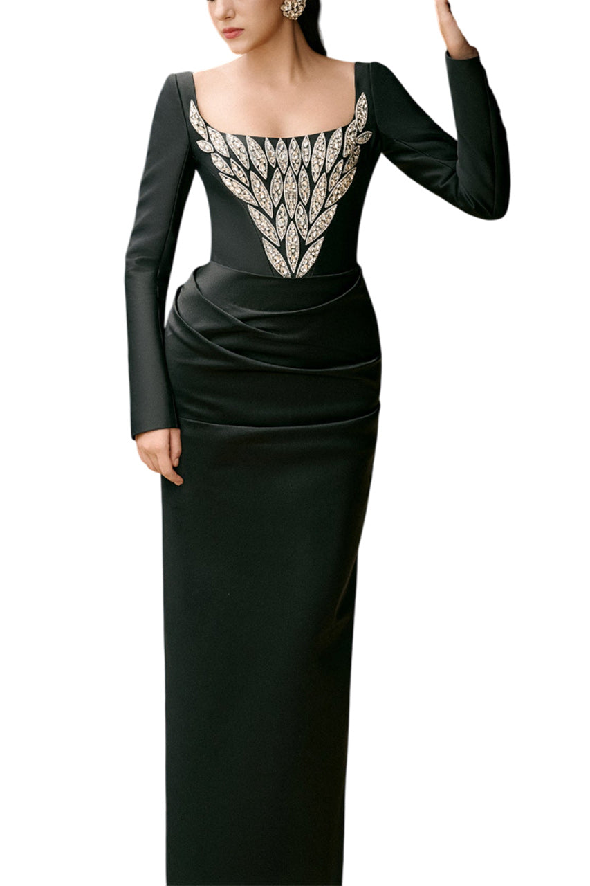 WREN SHEATH SQUARE NECK DUCHESS SATIN FLOOR LENGTH DRESS