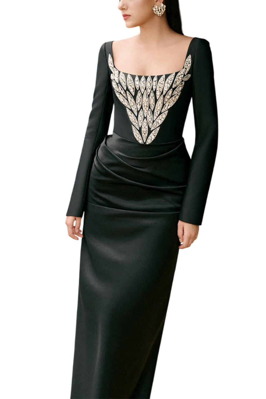 WREN SHEATH SQUARE NECK DUCHESS SATIN FLOOR LENGTH DRESS
