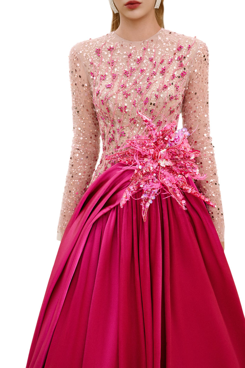 ZOE BALL GOWN SEQUIN DUCHESS SATIN EXTRA LONG LENGTH DRESS