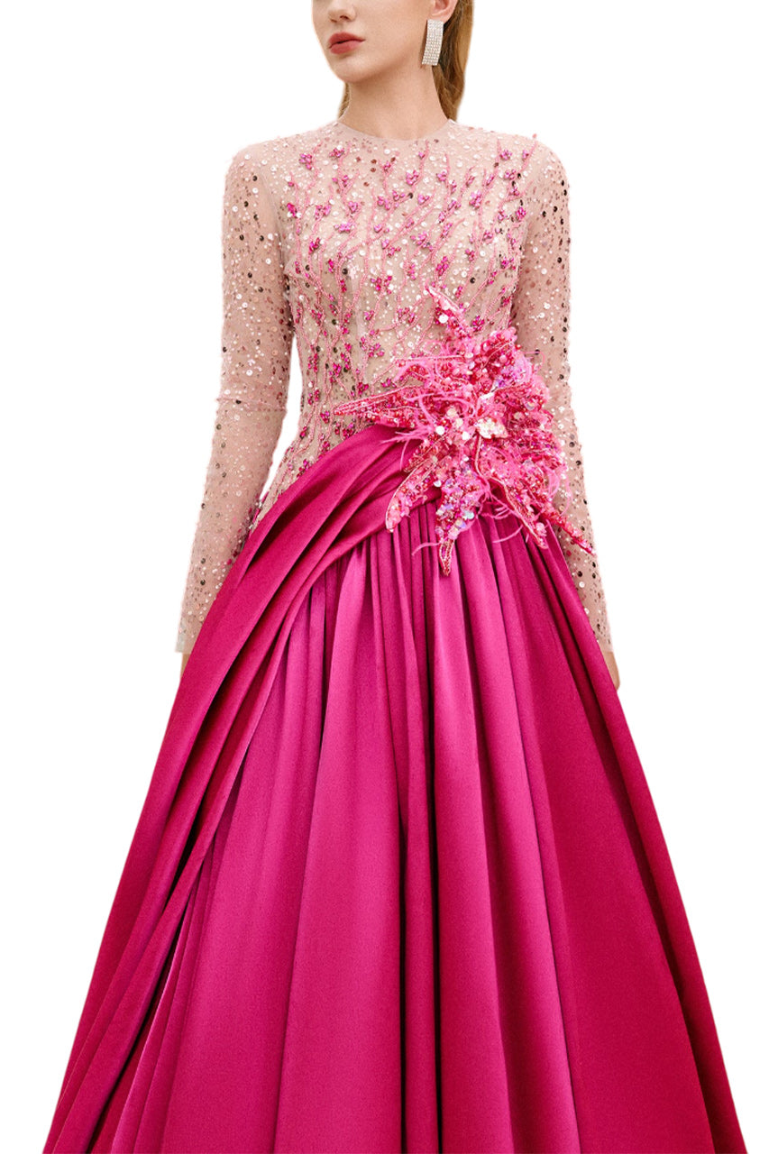 ZOE BALL GOWN SEQUIN DUCHESS SATIN EXTRA LONG LENGTH DRESS