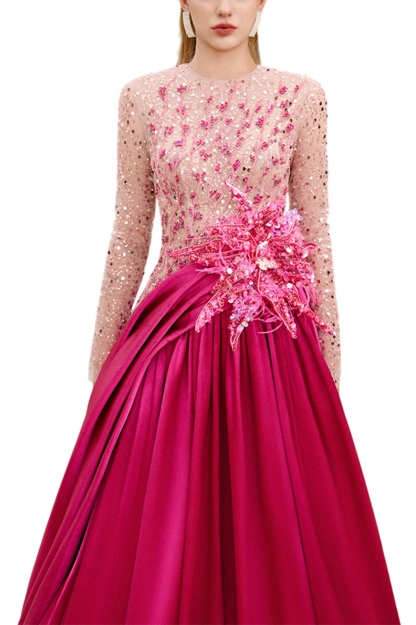 ZOE BALL GOWN SEQUIN DUCHESS SATIN EXTRA LONG LENGTH DRESS