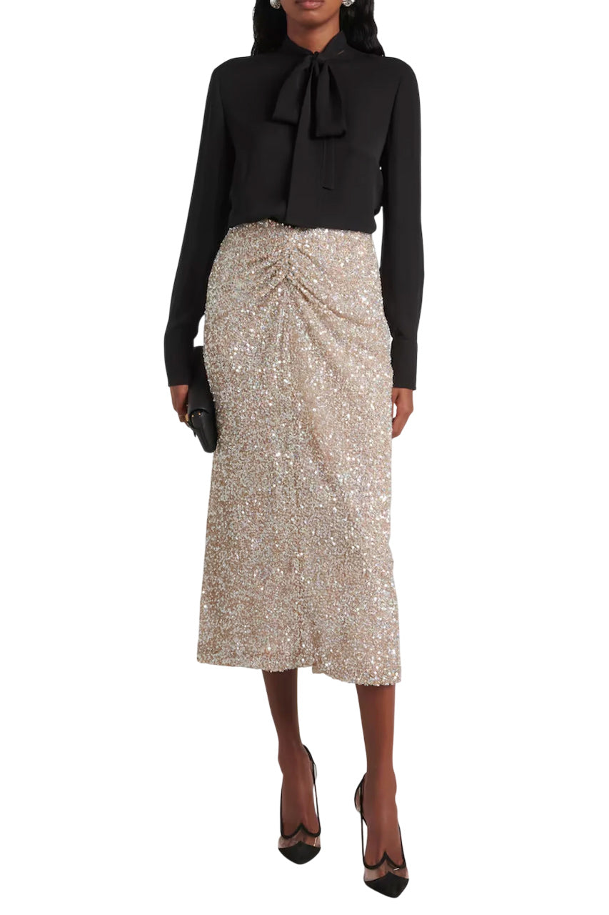ZURI RUCHED SEQUINED MIDI SKIRT