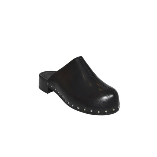 Black clog shoe with decorative studs on a white background