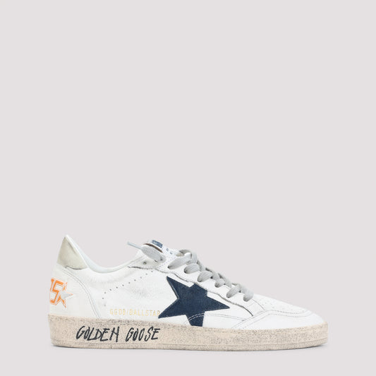 White and Blue Ball Star Goat Leather Sneakers