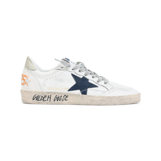 White and Blue Ball Star Goat Leather Sneakers