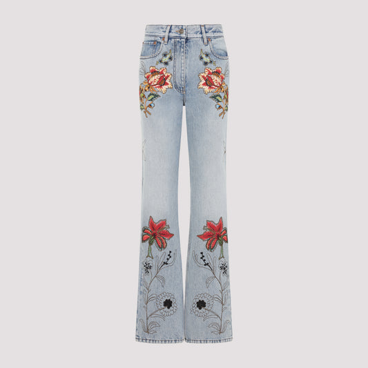Light Wash Blue Denim Cotton Embroidered Flowers 5 Pockets Jeans