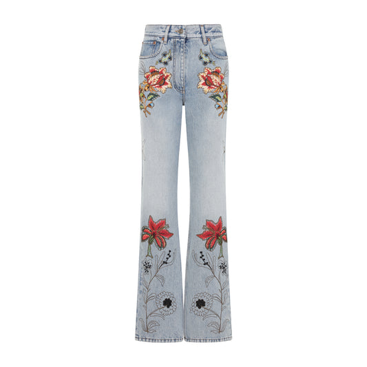 Light Wash Blue Denim Cotton Embroidered Flowers 5 Pockets Jeans