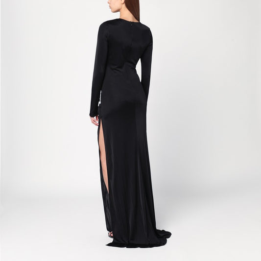 Long black dress with brooch detail