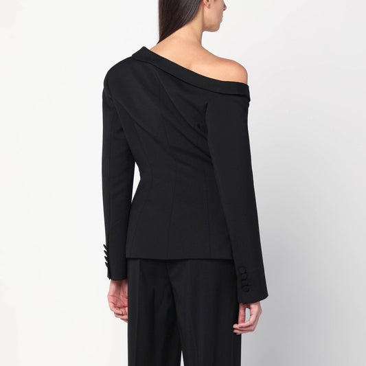 Asymmetrical black jacket with brooch detail