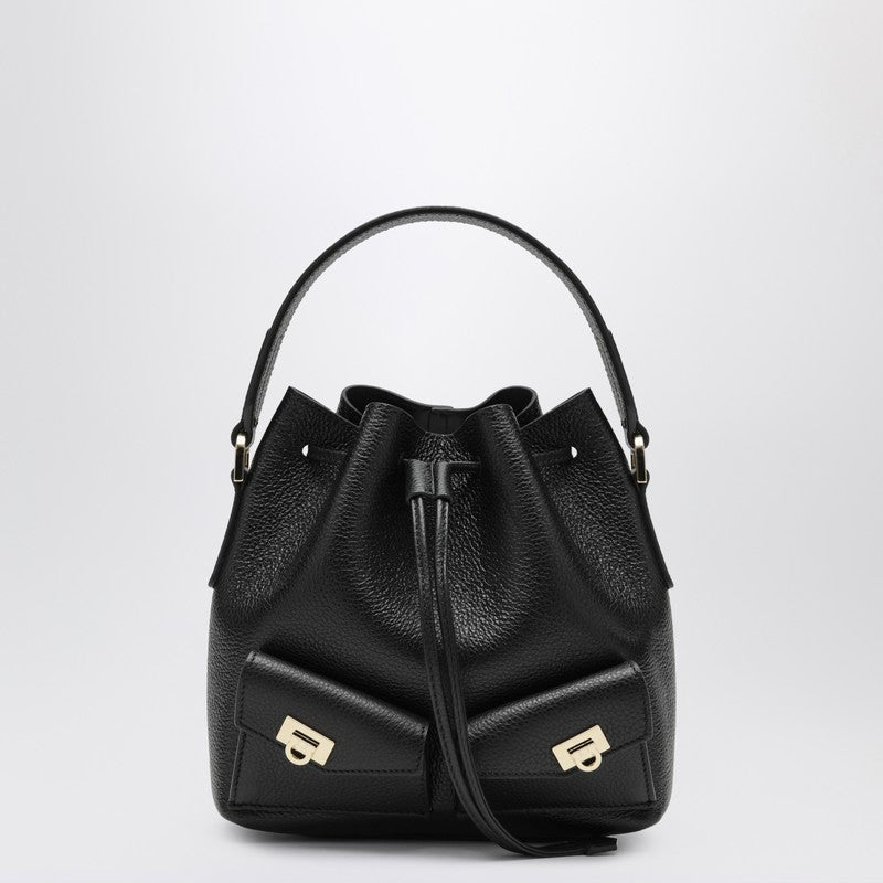 Black multipocket bucket bag in hammered leather