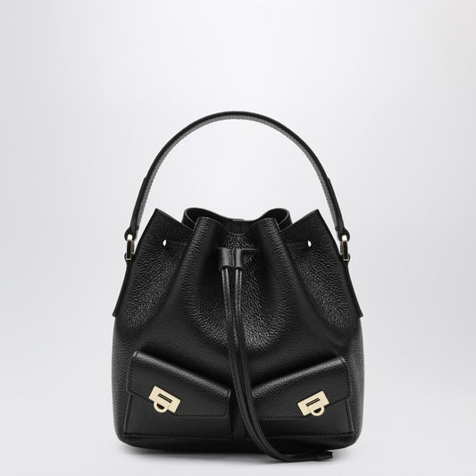 Black multipocket bucket bag in hammered leather