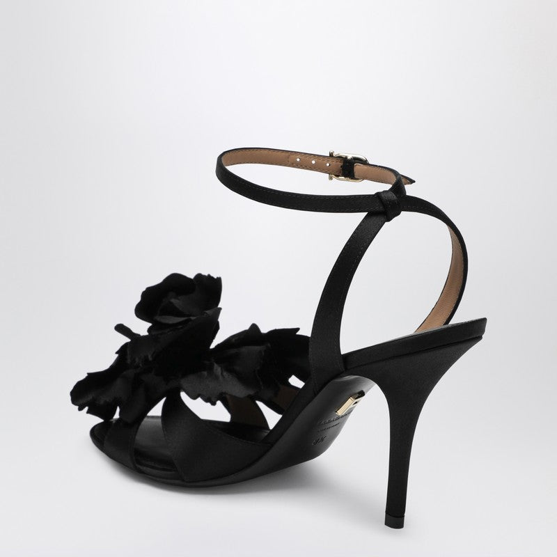 Black satin flower sandals