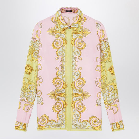Printed silk twill shirt in yellow/pink