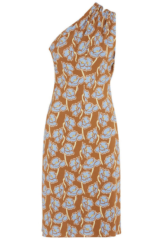 PRINTED STRETCH CREPE ONE-SHOULDER DRESS