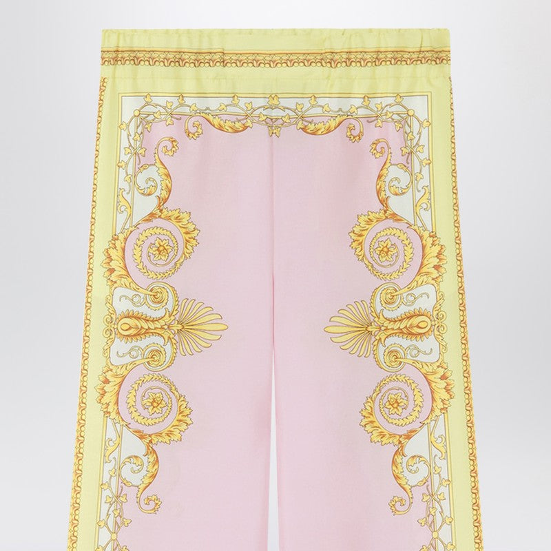 Printed silk twill trousers in yellow/pink