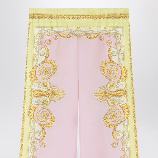 Printed silk twill trousers in yellow/pink