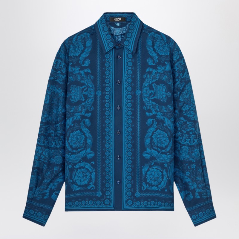 Slim-fit printed silk twill shirt in blue