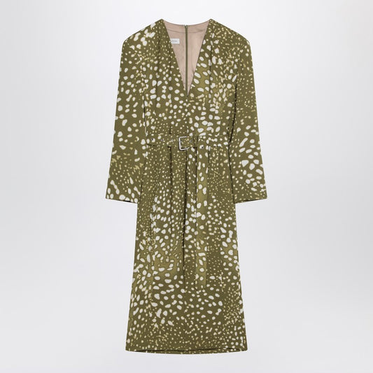 Dress With Belt And Khaki Green Print