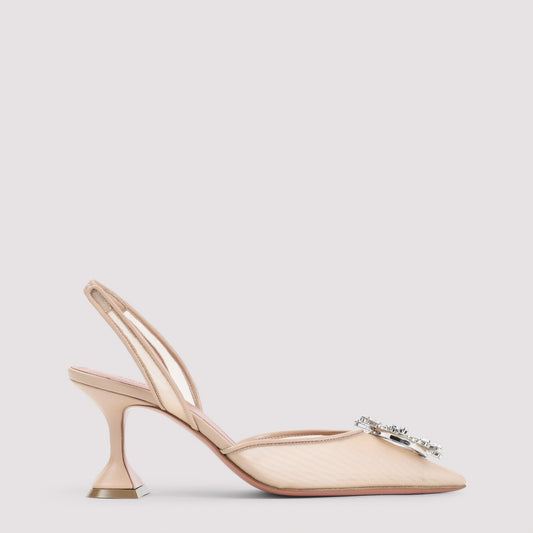 Beige Leather Begum Mesh 70 Sling Mules