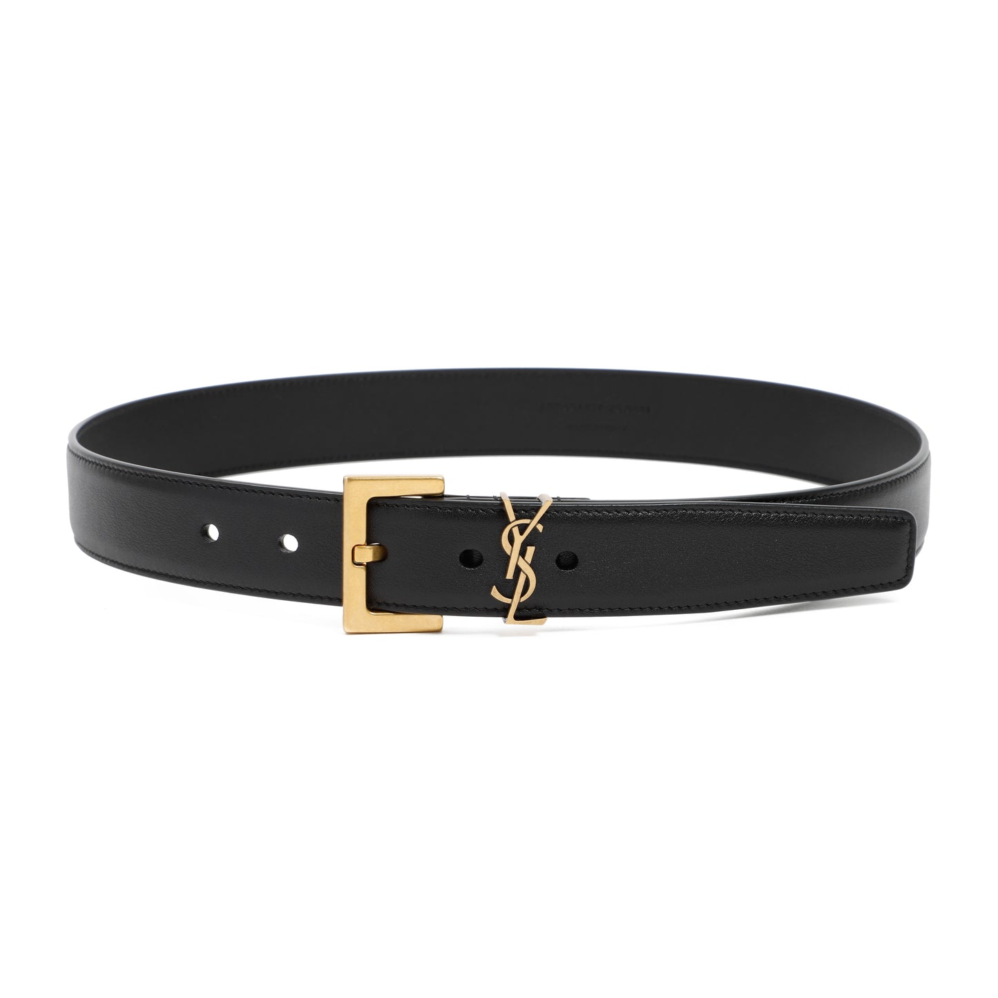 Black Leather Belt with YSL Monogram