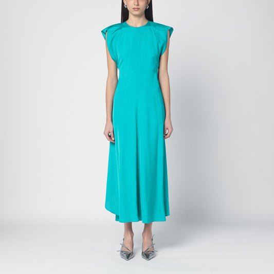 Peacock Colour Midi Dress With Hooded Sleeves