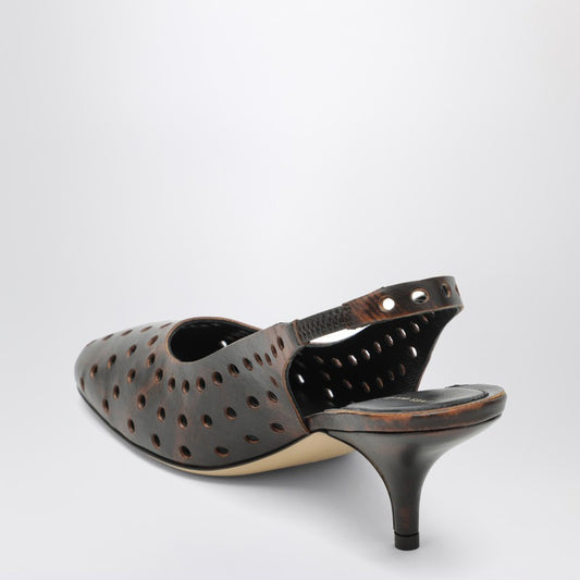 Brown aged leather perforated slingback shoes