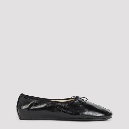 Black Gathered Flat Calf Leather Ballerinas