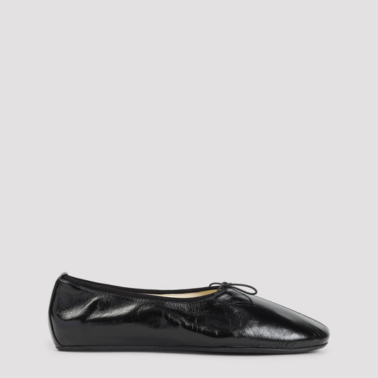 Black Gathered Flat Calf Leather Ballerinas