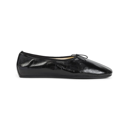 Black Gathered Flat Calf Leather Ballerinas
