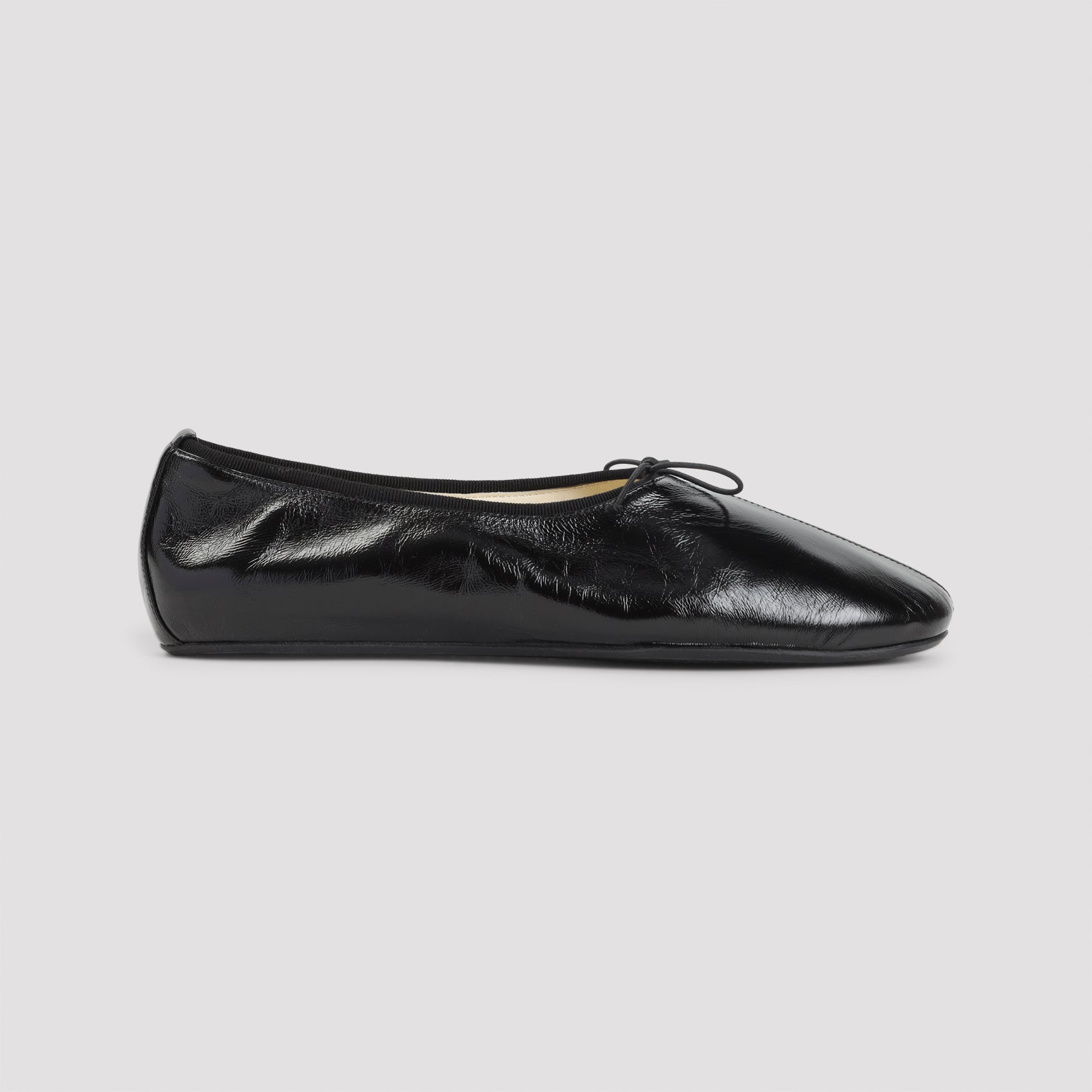 Black Gathered Flat Calf Leather Ballerinas