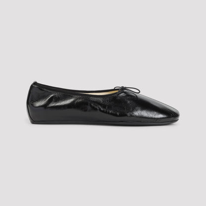 Black Gathered Flat Calf Leather Ballerinas