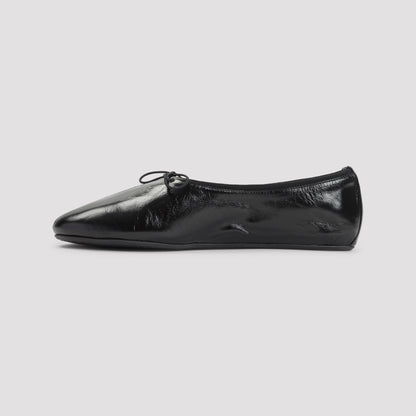 Black Gathered Flat Calf Leather Ballerinas