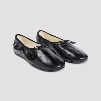 Black Gathered Flat Calf Leather Ballerinas
