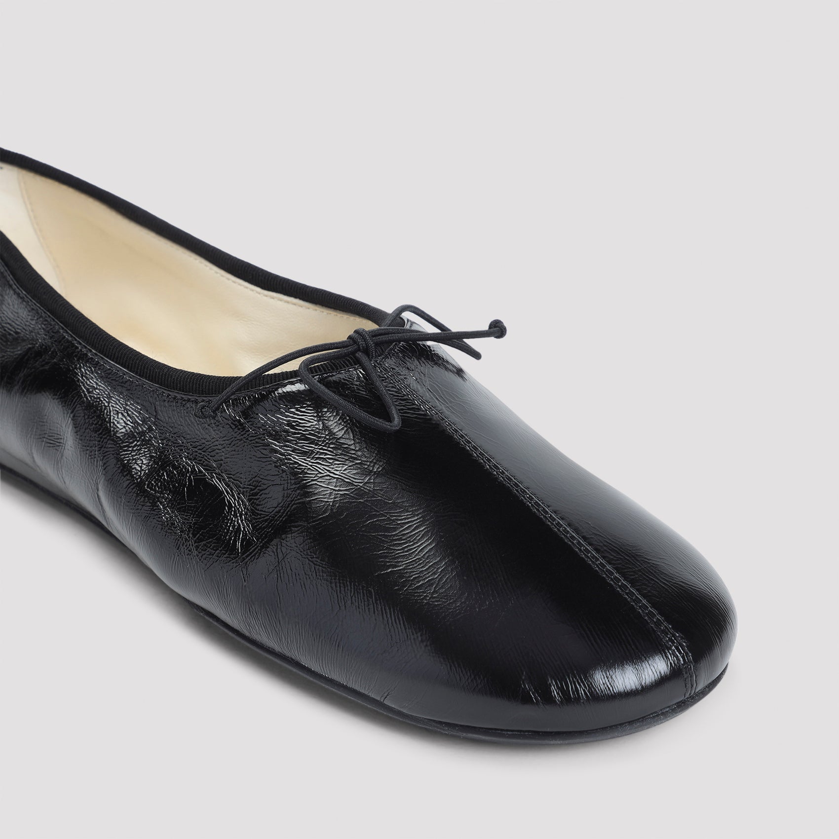 Black Gathered Flat Calf Leather Ballerinas
