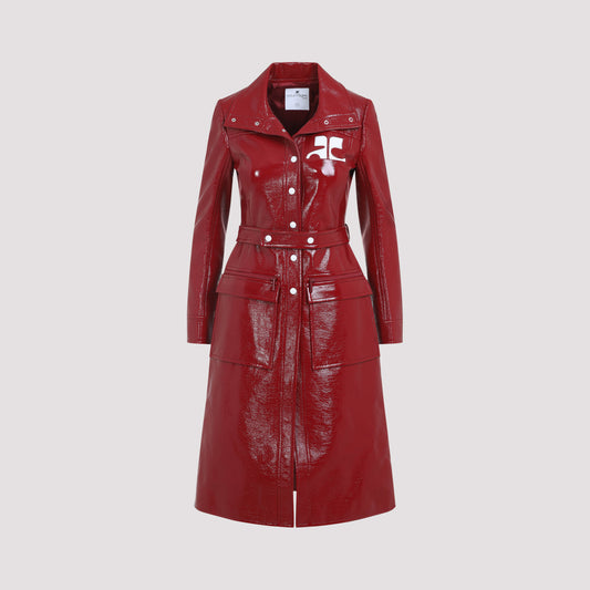 Red belted trench coat