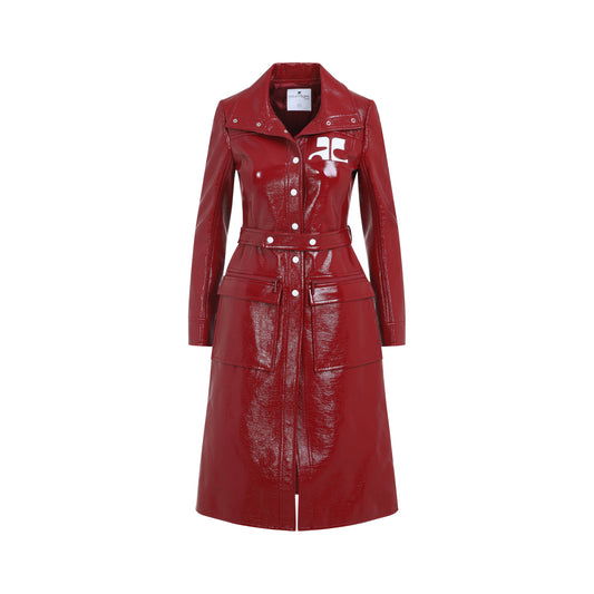 Red belted trench coat