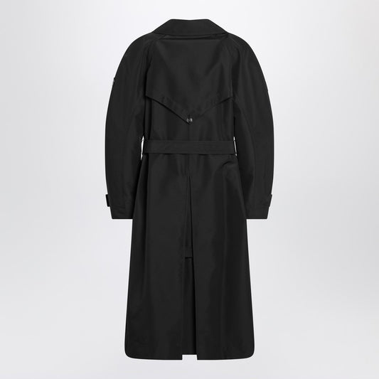 Black double-breasted trench coat with belt